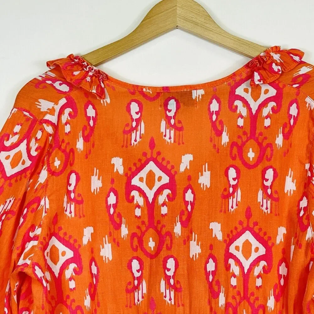 Mud Pie Dress Women Medium Orange Pink Ikat Ruffle Bell Sleeve Boho Coastal